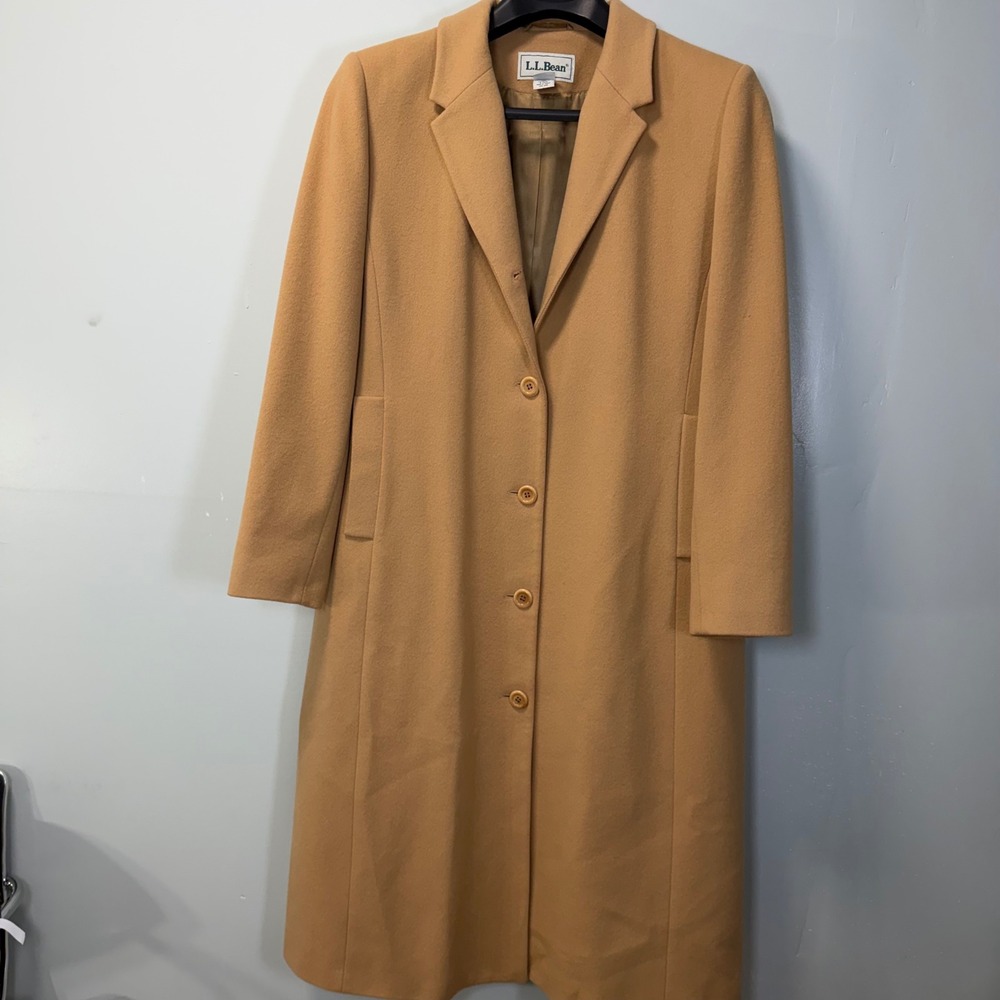 LL Bean Vintage 90s Y2K Camel Tan Wool Cashmere Blend Long Overcoat Size 18